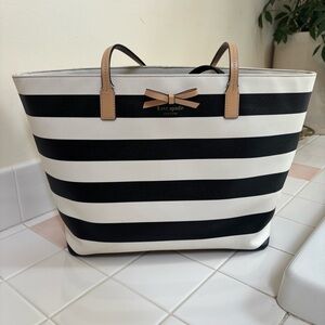 Kate Spade Black and White Striped Tote with Tan Handles